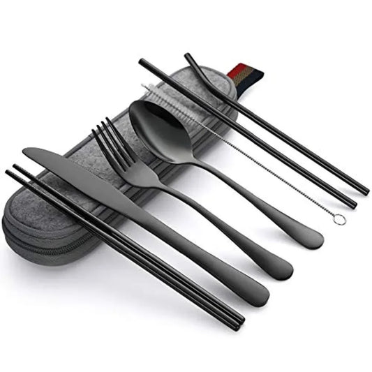 8-Piece Reusable Stainless Steel Travel Cutlery Set – Portable Utensils with Spoon, Fork, Chopsticks, Straw & Case Peaceful Pleasures Health and Wellness