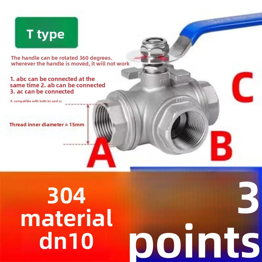 304 SS BSP Female 3-Way Ball Valve T/L Type Full Port | DN15–DN25