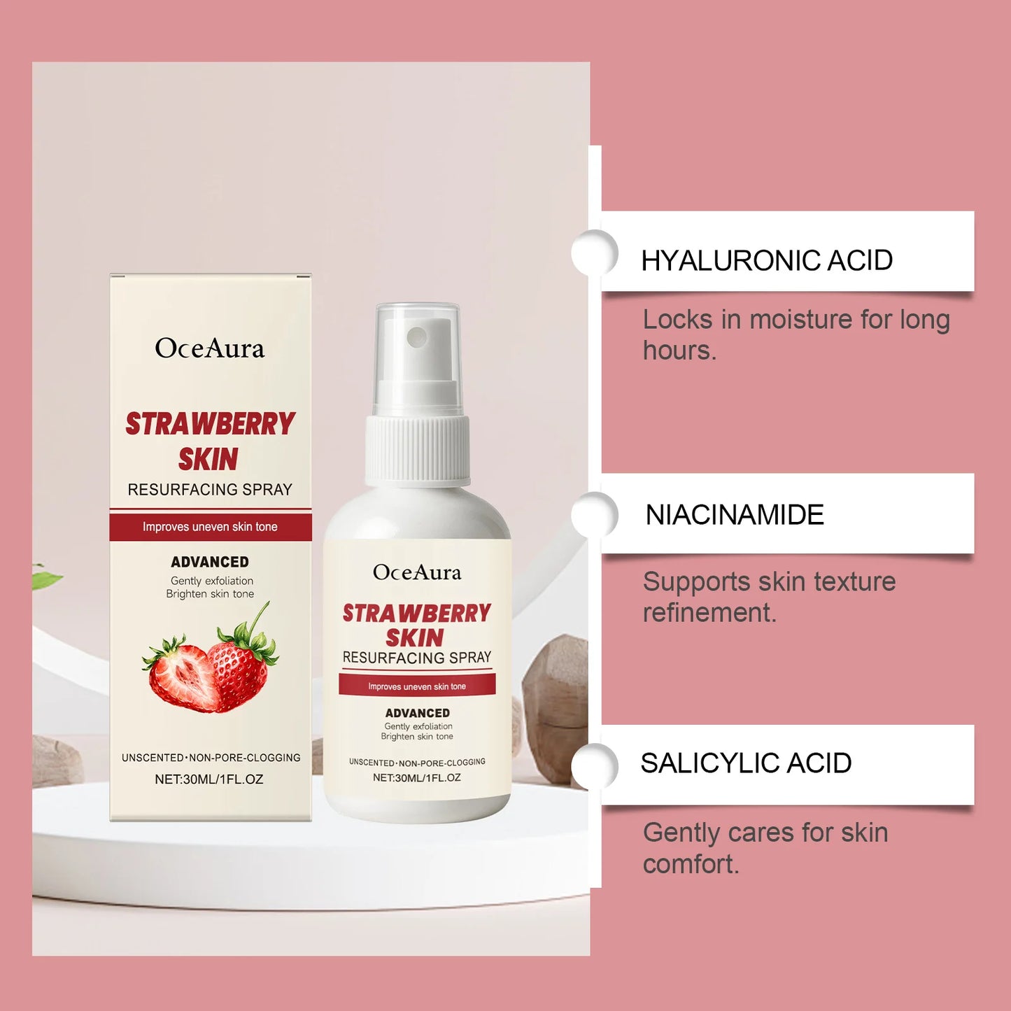 OceAura Strawberry Hydrating Facial Mist | Salicylic Acid 30ml
