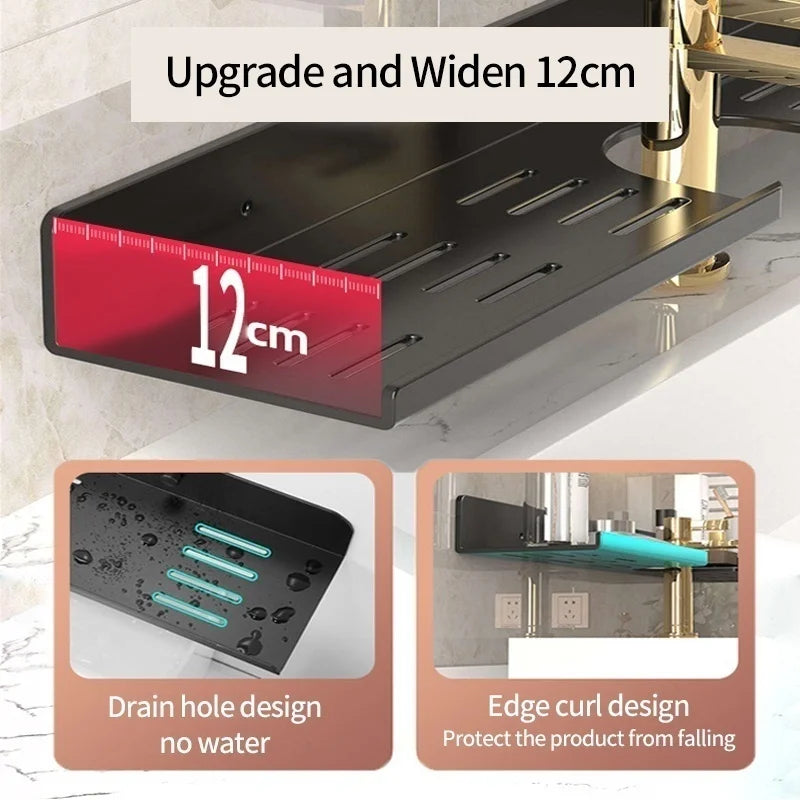 Wall-Mount Aluminum Bathroom Storage Rack & Faucet Tray