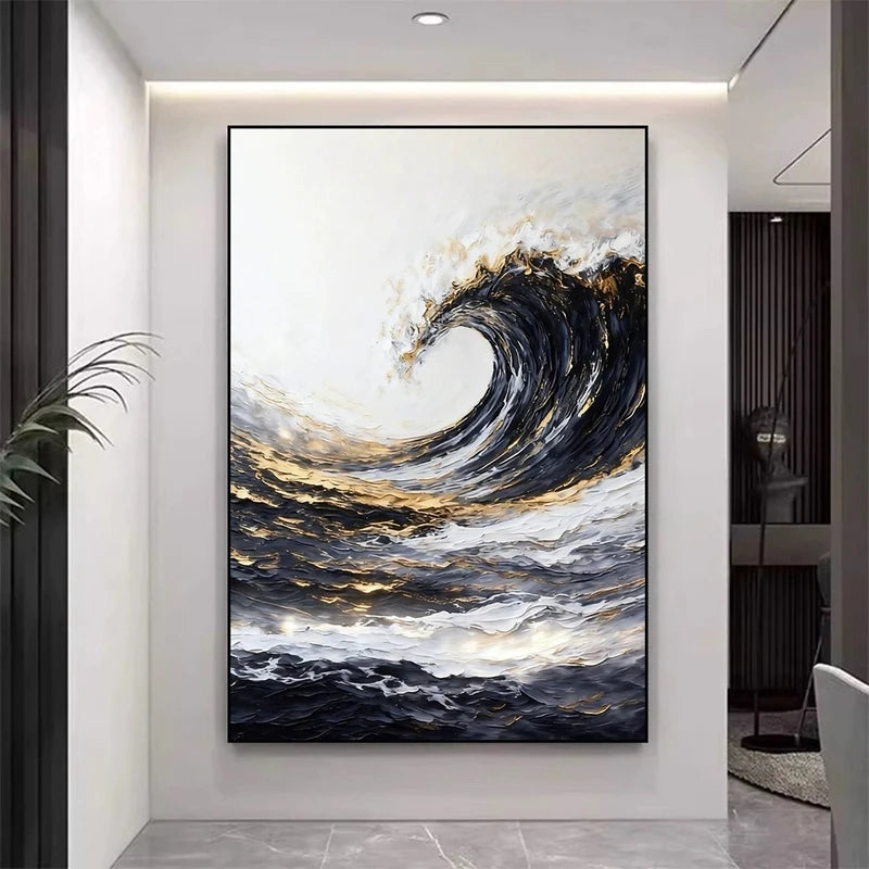 Modern Hand Painted Canvas Oil Painting Abstract Big Waves Wall Art Home Decor Mural Living Room Bedroom Porch Hanging Poster Peaceful Pleasures Health and Wellness