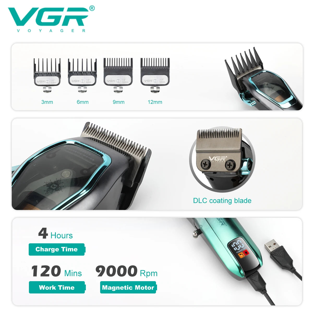 VGR Hair Clipper Professional Hair Trimmer 9000 RPM Hair Cutting Machine Adjustable Barber Haircut LED Trimmer for Men V-674 Peaceful Pleasures Health and Wellness