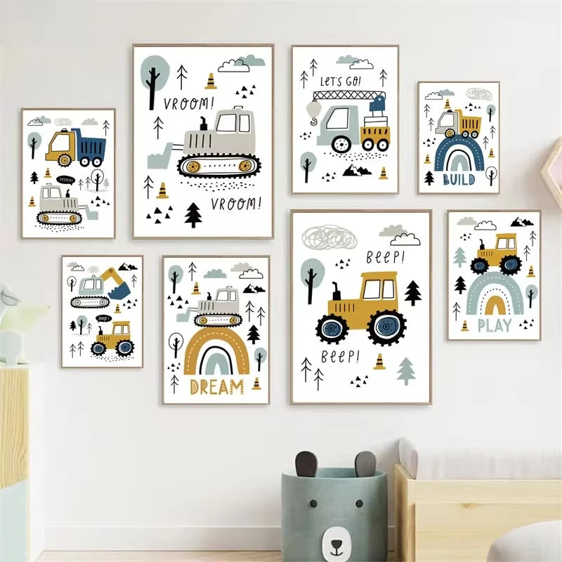 Cartoon Construction Vehicles Canvas Wall Art | Boys Nursery