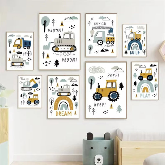 Cartoon Construction Vehicles Canvas Wall Art | Boys Nursery Kids Canvas Wall Art Peaceful Pleasures Health and Wellness