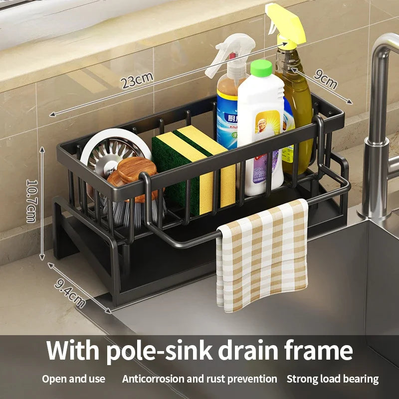 Black Kitchen drain rack sponge rack ABS Desktop Sink Drainer Organizer Basket Drain Dish Storage Rack with Towel Rail Peaceful Pleasures Health and Wellness Black with pole