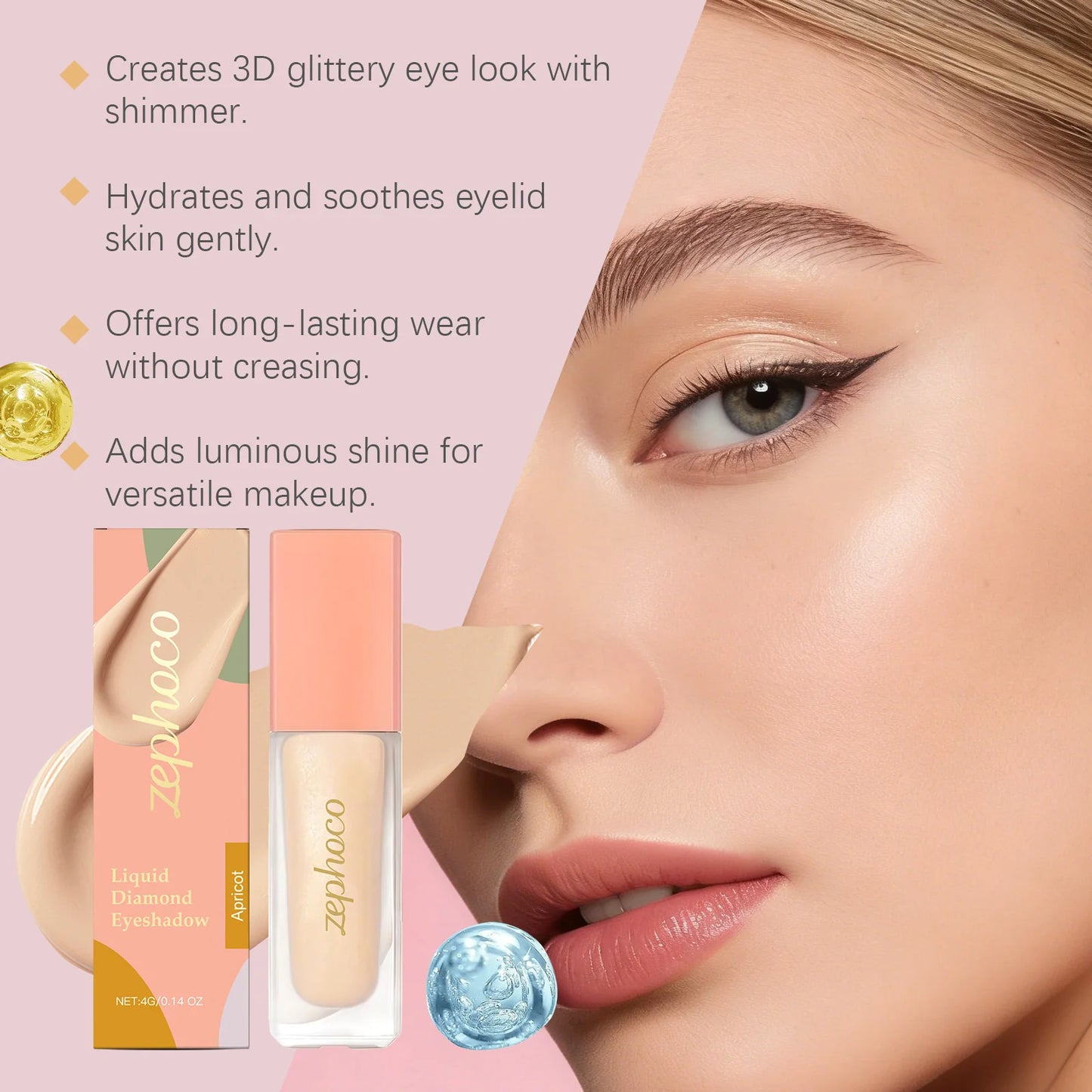 Diamond Shimmer Eyeshadow Apricot | Pearl Glitter Eye Makeup