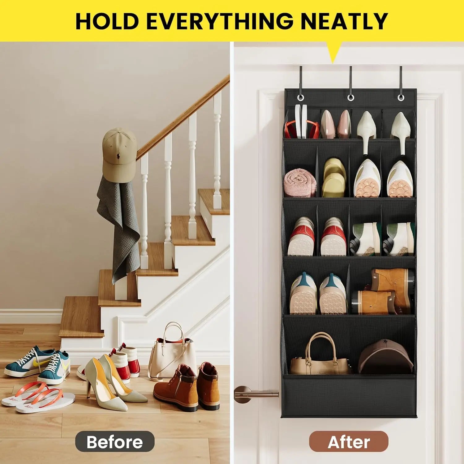 Before and after comparison of a shoe organizer hanging on a door, with shoes neatly stored.