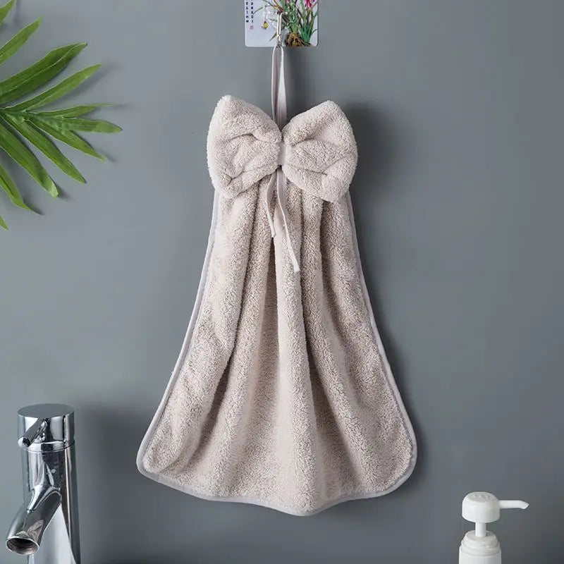Bow Hanging Hand Towel – Absorbent Coral Fleece Kitchen & Bath