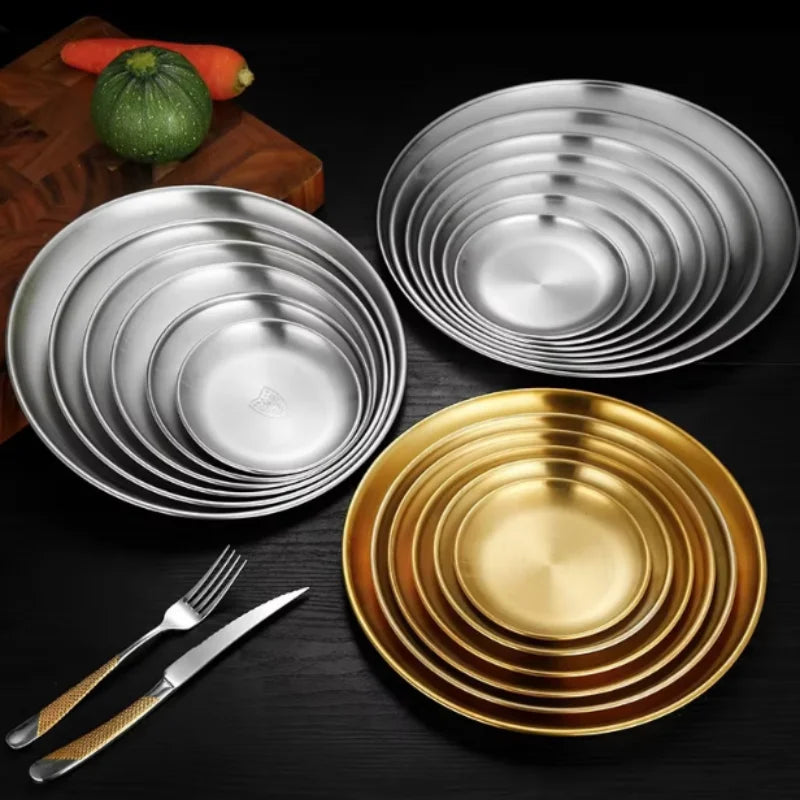 Thickened Stainless Steel Golden Round Fruit Plate Cake Plate Bone Tray BBQ Plate Flat Bottom Shallow Tray Peaceful Pleasures Health and Wellness
