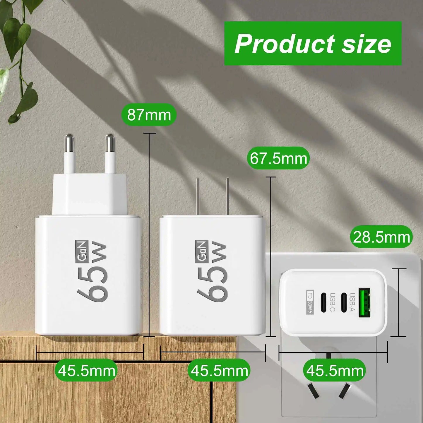 65W GaN 3-Port USB-C Wall Charger – Fast PD EU/US Plug