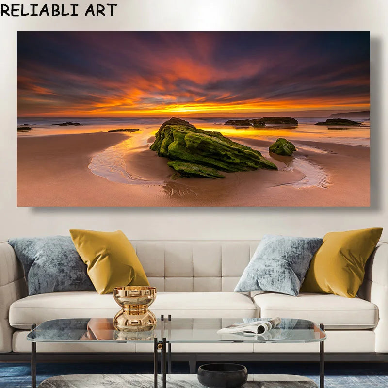 Sunset Beach Large Canvas Wall Art | Landscape Poster No Frame