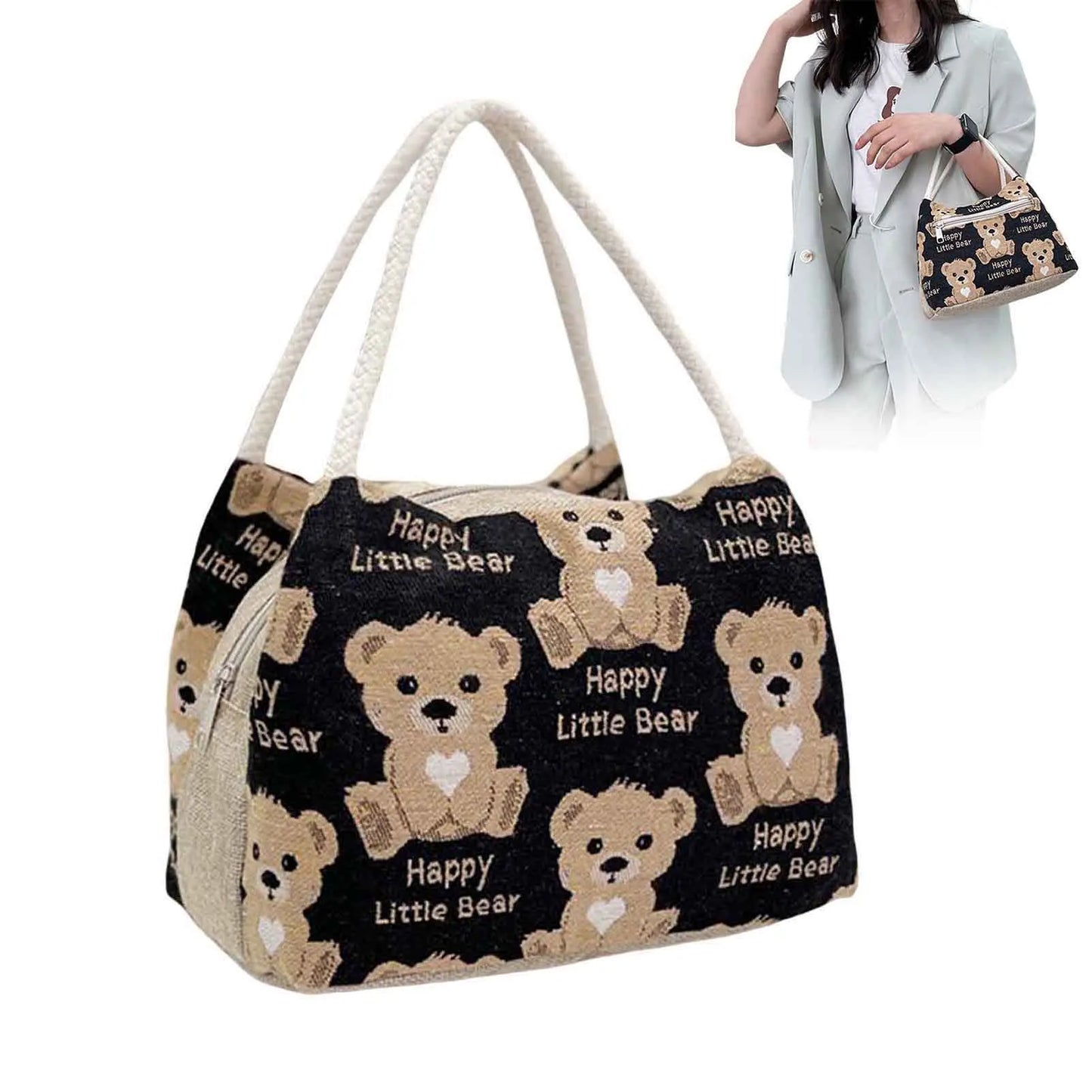 Cute Bear Pattern Lunch Tote Pouch Portable Large Capacity Storage Bag for Outdoor Picnic Hiking Camping Peaceful Pleasures Health and Wellness Black