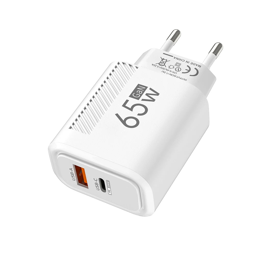 65W GaN Fast Charger PD QC3.0 Dual Port USB Wall Adapter EU US Plug Compatible with iPhone Samsung Xiaomi Tablets Travel Charger Peaceful Pleasures Health and Wellness EU White