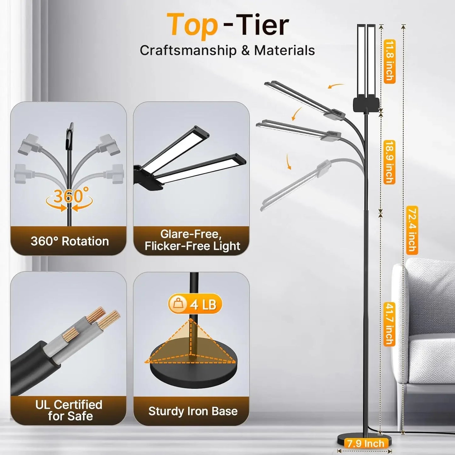 14W 2000LM LED Floor Lamp with Gesture & Remote Control, Dimmable Dual Head Goose-Neck Standing Light for Living Room Office Peaceful Pleasures Health and Wellness