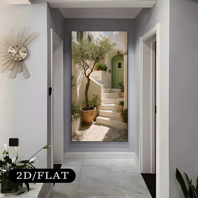 1pc Unframed Canvas Wall Art Mediterranean-Style Staircase with Olive Tree and Green Door, for Living Rooms, and Bedrooms Decor Peaceful Pleasures Health and Wellness