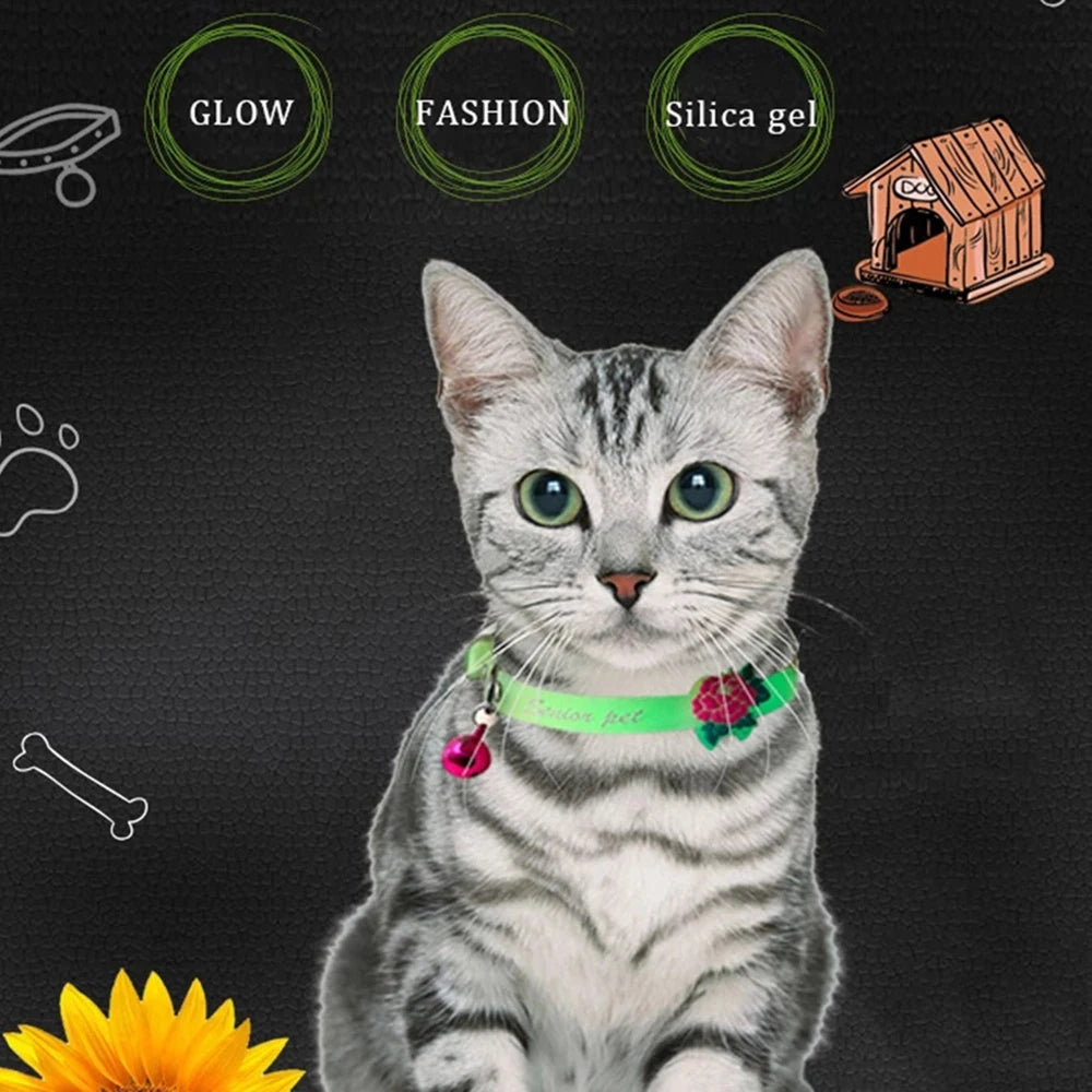 Luminous Cat Necklace Glowing Kitten Puppy Collar Anti-Lost Fluorescent Silicone with Bell Collar Neck Ring Pet Dog Cat Collar Peaceful Pleasures Health and Wellness