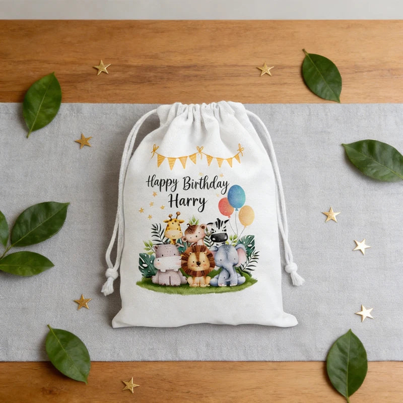 5/10/20pcs Happy Birthday Jungle Safari Drawstring Gift Bags Baby Shower Animals Themed Party Decoration Children's Gift Toy Bag Peaceful Pleasures Health and Wellness