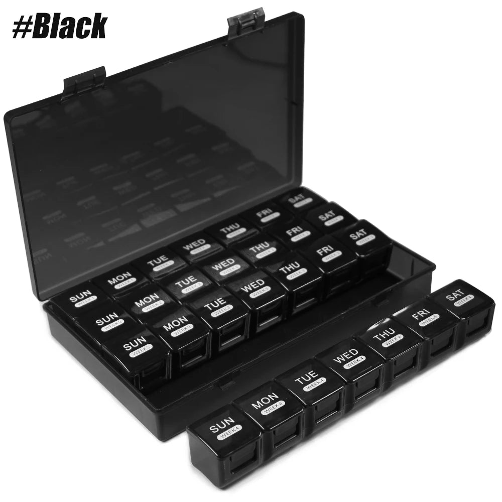 Monthly Pill Organizer, 28 Day Pill Box, 4 Weeks One Month Pill Cases, Large Compartments Medicine Organizer Vitamins, Fish Oils Peaceful Pleasures Health and Wellness Black