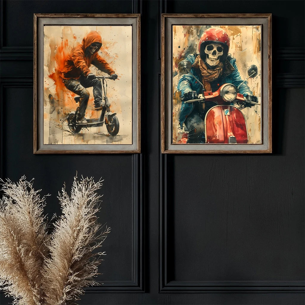 Watercolor Skeleton Scooter Canvas Wall Art | Modern Poster Canvas Wall Art Peaceful Pleasures Health and Wellness