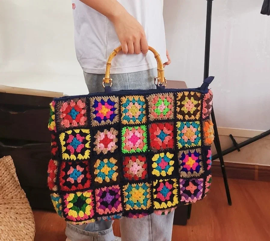 Knitting Kits Granny Square Handmade Crochet Big Bag Ethnic Style Purse Handbag With Wooden Hand-held Woven Shoulder Bag Peaceful Pleasures Health and Wellness