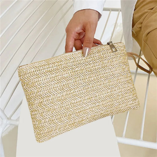 Clutch Bag for Women Handmade Backpack Fashion Ladies Wristlet Girl Phone Solid Straw Woven Coin Purse Beach Wallet Fresh Sweet Peaceful Pleasures Health and Wellness