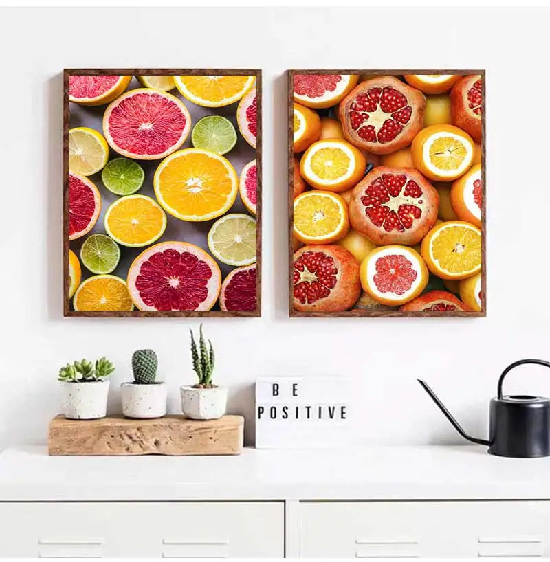 Nordic Wall Art Canvas Painting Colorful Fresh Vegetable Fruits Posters for Kitchen Decor Orange Lemon Picture for Restaurant Peaceful Pleasures Health and Wellness