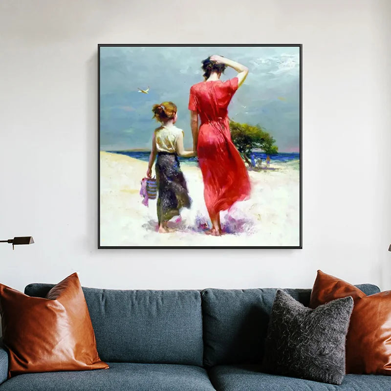 100% Hand Painted Boutique Unframed Impressionist Canvas Figure Painting, Mother and Child Oil Painting, seaside Peaceful Pleasures Health and Wellness