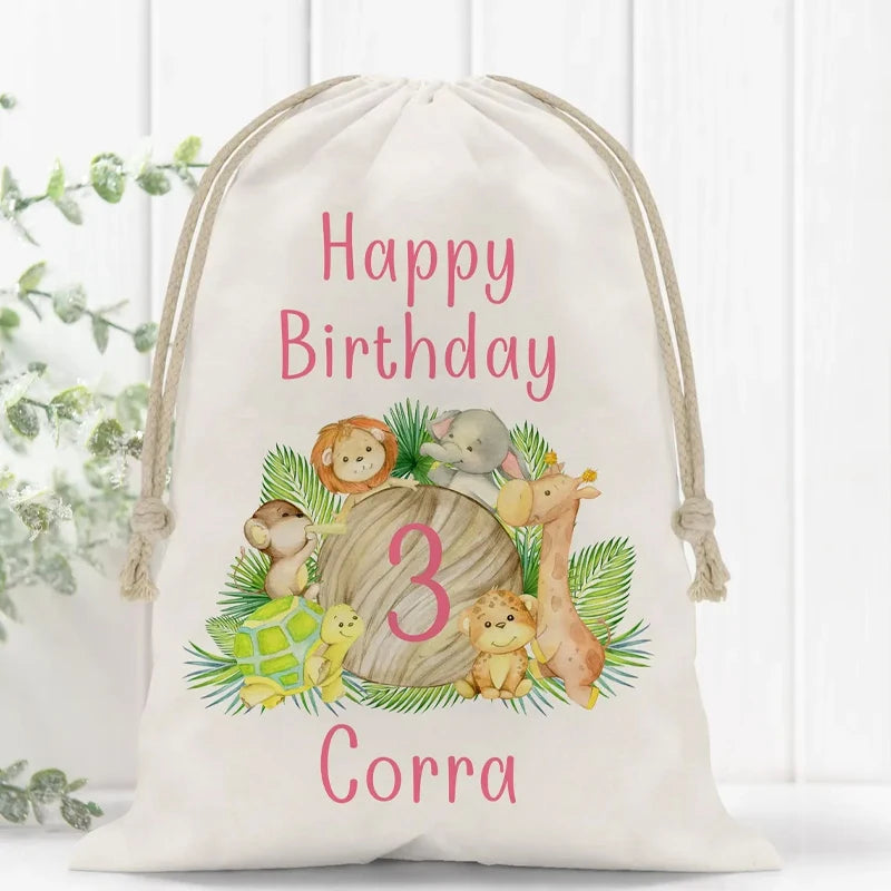 5-Pack Custom Name Safari Animal Drawstring Party Bags for Kids Party Favor Bags Peaceful Pleasures Health and Wellness