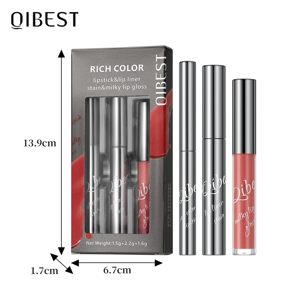 QIBEST New 3pcs Liquid Lipstick + Lip Liner +Lip Glaze Makeup Set Nude Black Velvet Lip Gloss Tint Long Lasting Cosmetics Kits Peaceful Pleasures Health and Wellness