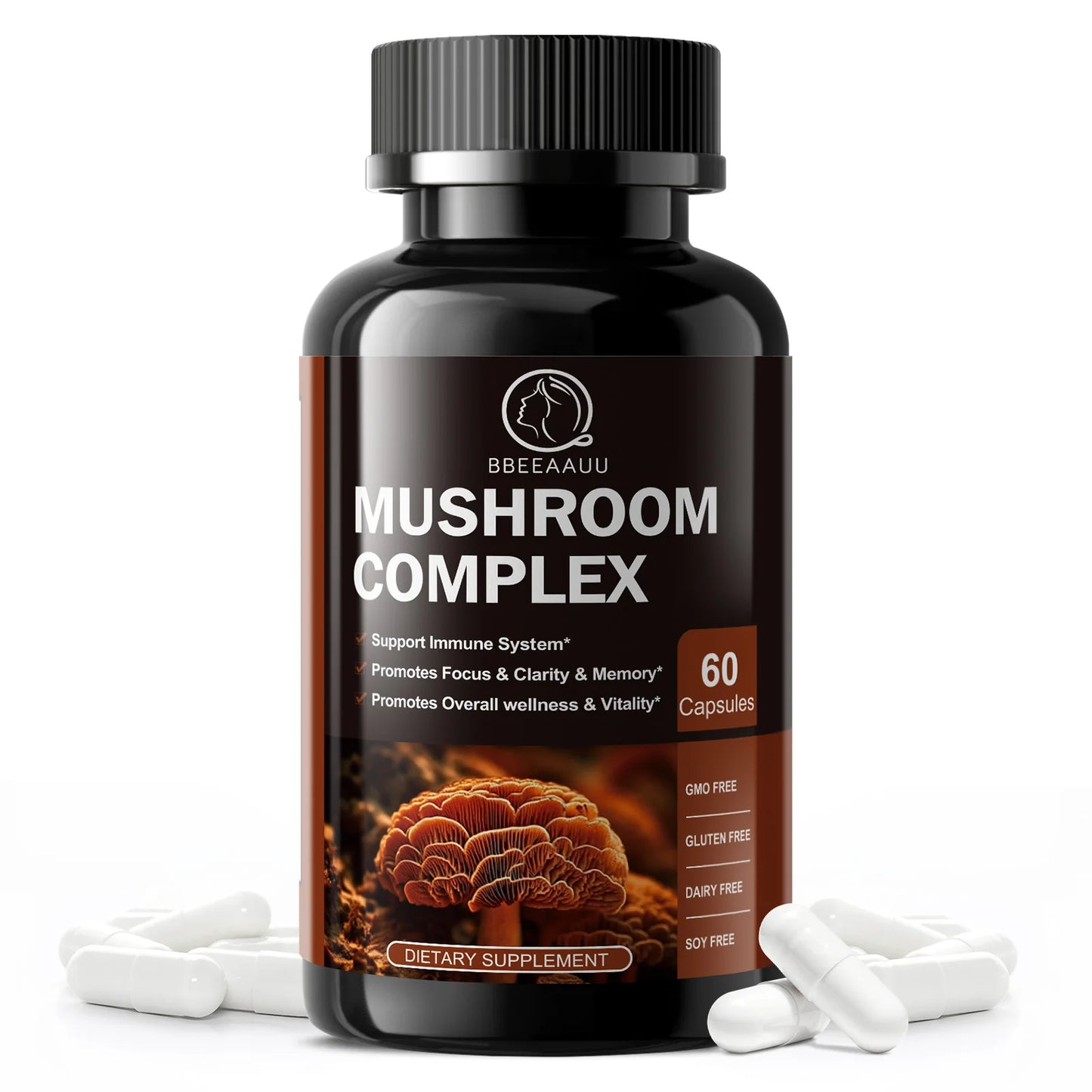 BBEEAAUU Mushroom Complex Capsules – Energy, Focus, Memory & Brain Health Dietary Supplement Peaceful Pleasures Health and Wellness 60pcs 1bottle United States