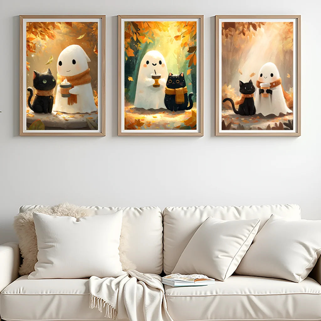 Animal Wall Art, Nordic Cute Ghost and Black Cat Canvas Painting, Halloween Poster Print for Bedroom Living Room Wall Decor Peaceful Pleasures Health and Wellness