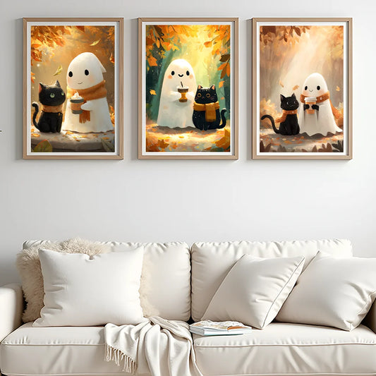 Animal Wall Art, Nordic Cute Ghost and Black Cat Canvas Painting, Halloween Poster Print for Bedroom Living Room Wall Decor Peaceful Pleasures Health and Wellness