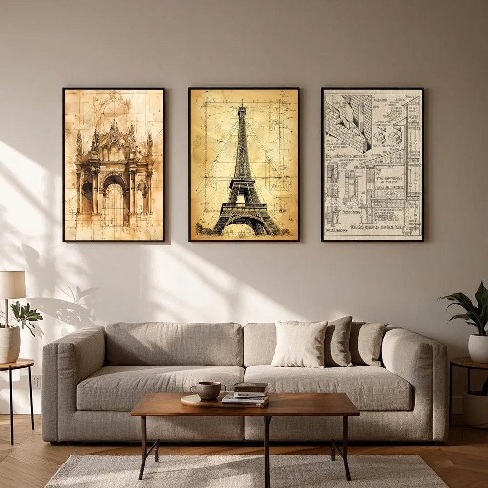 Vintage Architecture Drawings Wall Poster | Waterproof PVC Art Wall Art Poster Peaceful Pleasures Health and Wellness