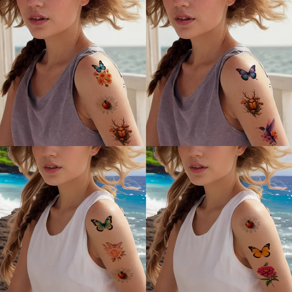 28-Piece Temporary Tattoo Stickers – Hummingbird, Ladybug & Beetle