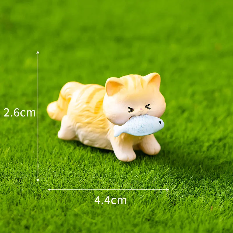 Miniatures Figurines Cute Cat Kawaii Animal Micro Landscape Ornaments for Home Room Desk Fairy Decoration Gardening Accessories Peaceful Pleasures Health and Wellness Fish-biting