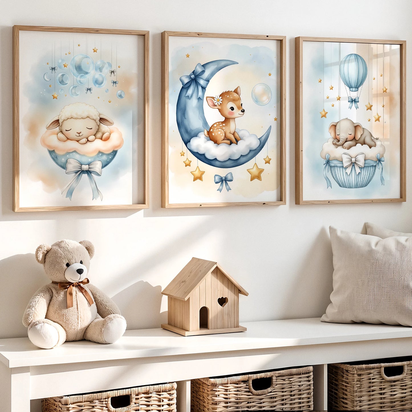 Cartoon Blue Deer & Elephant Kids Room Canvas Wall Art Print