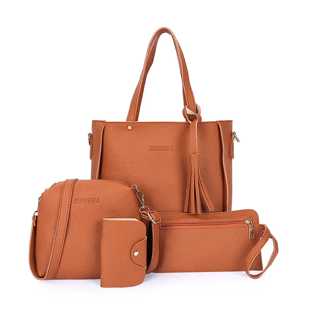 4pcs/set Women Elegant Tote Bags Heavy Duty Multiple Colors Available Bag for Eyeglasses Phones Cosmetics Peaceful Pleasures Health and Wellness Brown