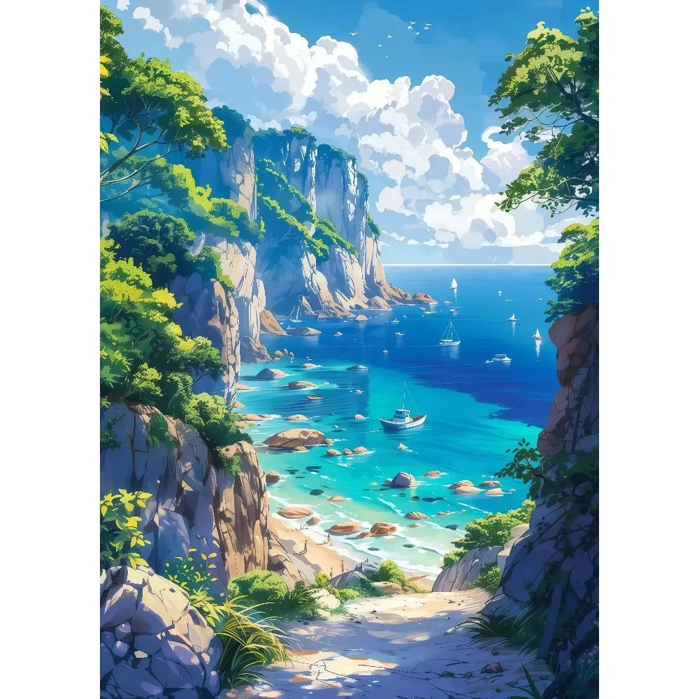 Anime Summer Landscape Canvas Wall Art | Beach Forest Cabin