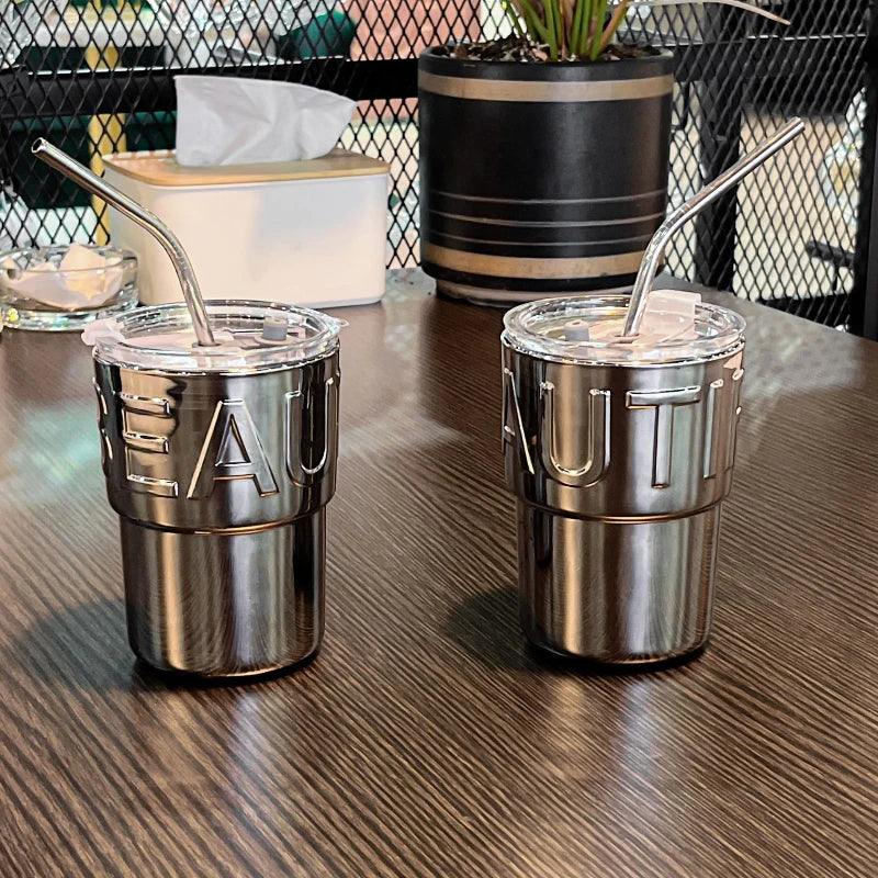 Mirrored Glass Coffee Cup with Lid & Straw – 420ml Glass Drinkware Cup Peaceful Pleasures Health and Wellness