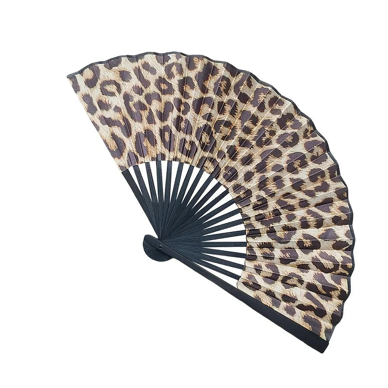 Leopard Print Folding Fan – Black Frame, Portable for Women