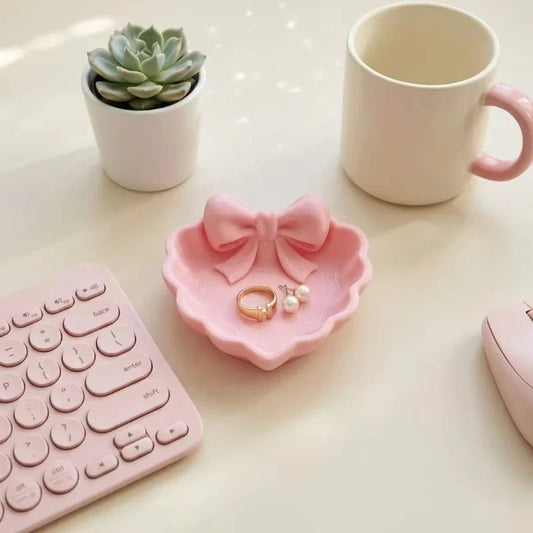 Heart-Shaped 3D Printed Jewelry Tray – Pink Bow Desk Organiser Decorative Jewelry Tray Oasis Select
