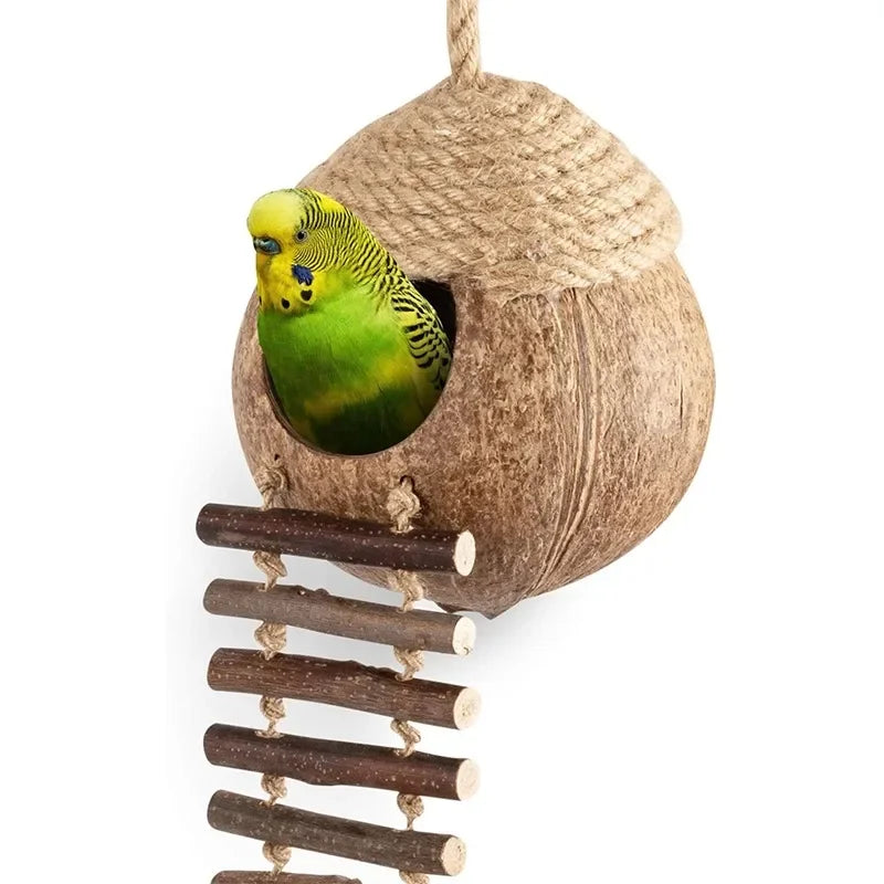 Coconut Shell Birdhouse Hut with Ladder | Natural Bird & Pet Habitat Bird Cage Habitat Peaceful Pleasures Health and Wellness