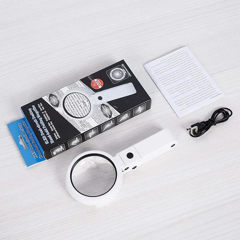 2-in-1 Foldable Portable Handheld Magnifying Glass with LED Lights for Newspaper Reading and Repair Tool Peaceful Pleasures Health and Wellness White