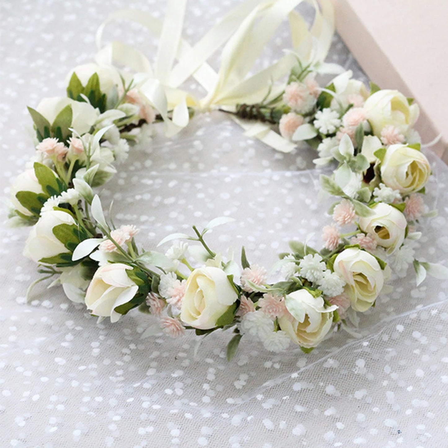 Boho Floral Wreath Headband Forest Style Simulated Flower Hairband for Bridesmaid Wedding Dating Peaceful Pleasures Health and Wellness Beige