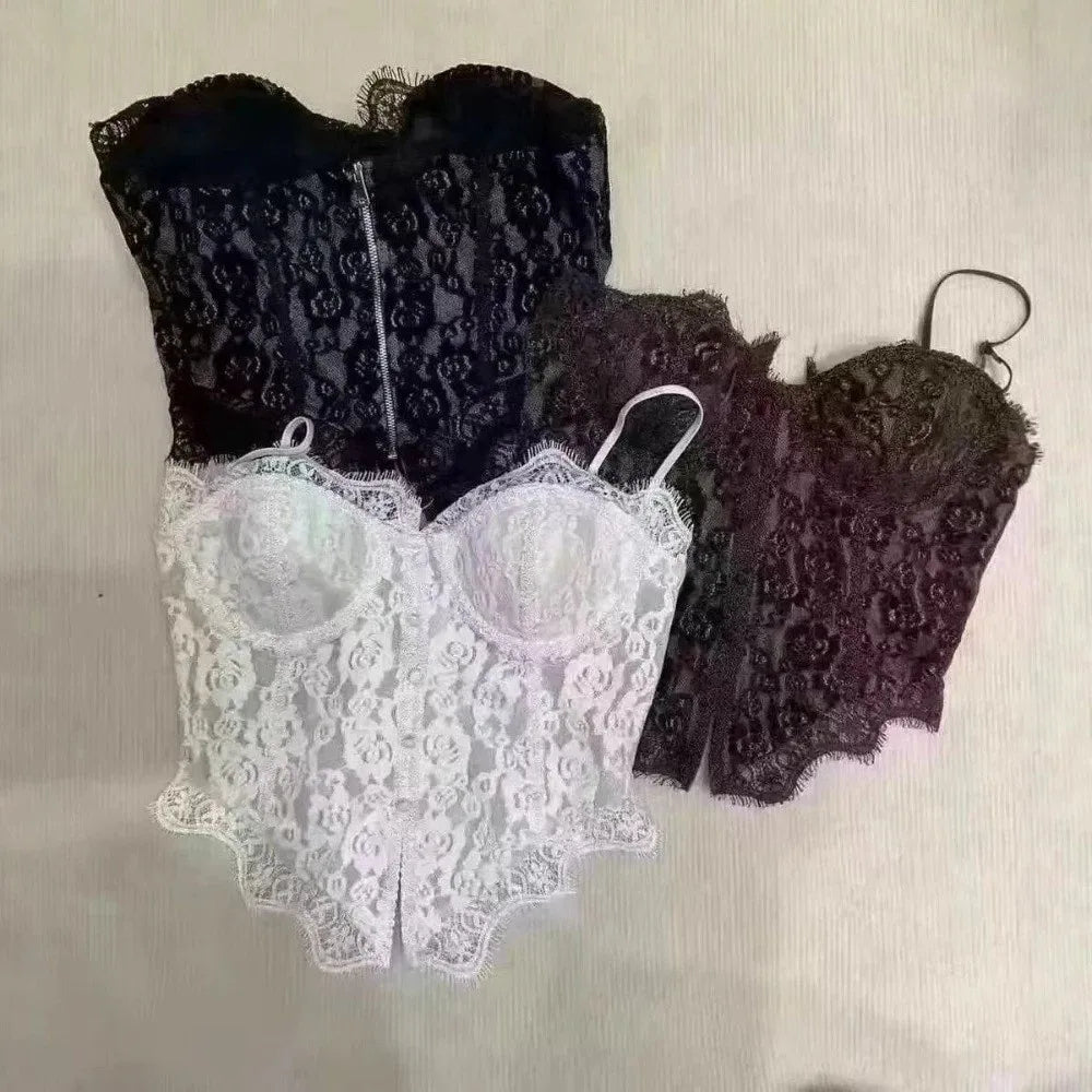 Lace Camisole Crop Top – Sheer Fishbone Suspender Vest Women