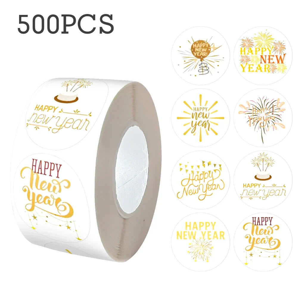 500pcs Gold Foil Happy New Year Stickers – Gift & Cake Packaging