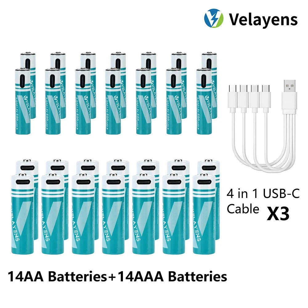 1.5V USB Rechargable Lithium Battery AA 2200mAh + AAA 600mAh Actual Capacity Fast Charging 2000+ Charge Cycles Peaceful Pleasures Health and Wellness 14AA 14AAA