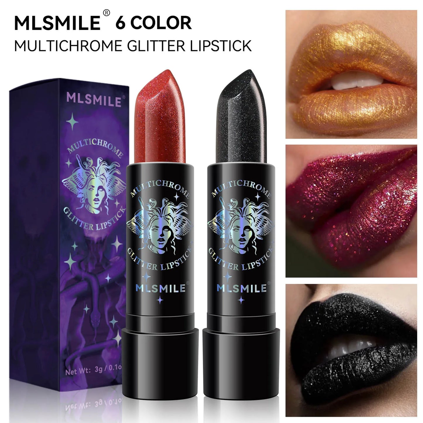 MLSMILE Glitter Lipstick | Waterproof Metallic Pearlescent 6 Colors