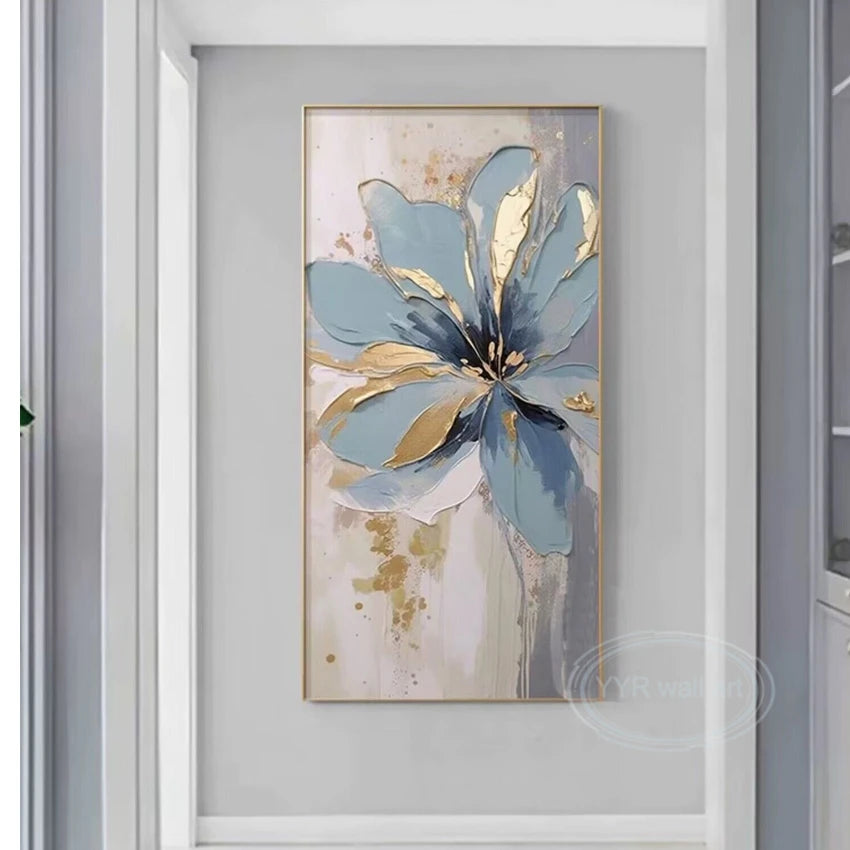 Hand-Painted Blue Floral Oil Painting on Canvas | Wall Art Hand-Painted Canvas Art Peaceful Pleasures Health and Wellness