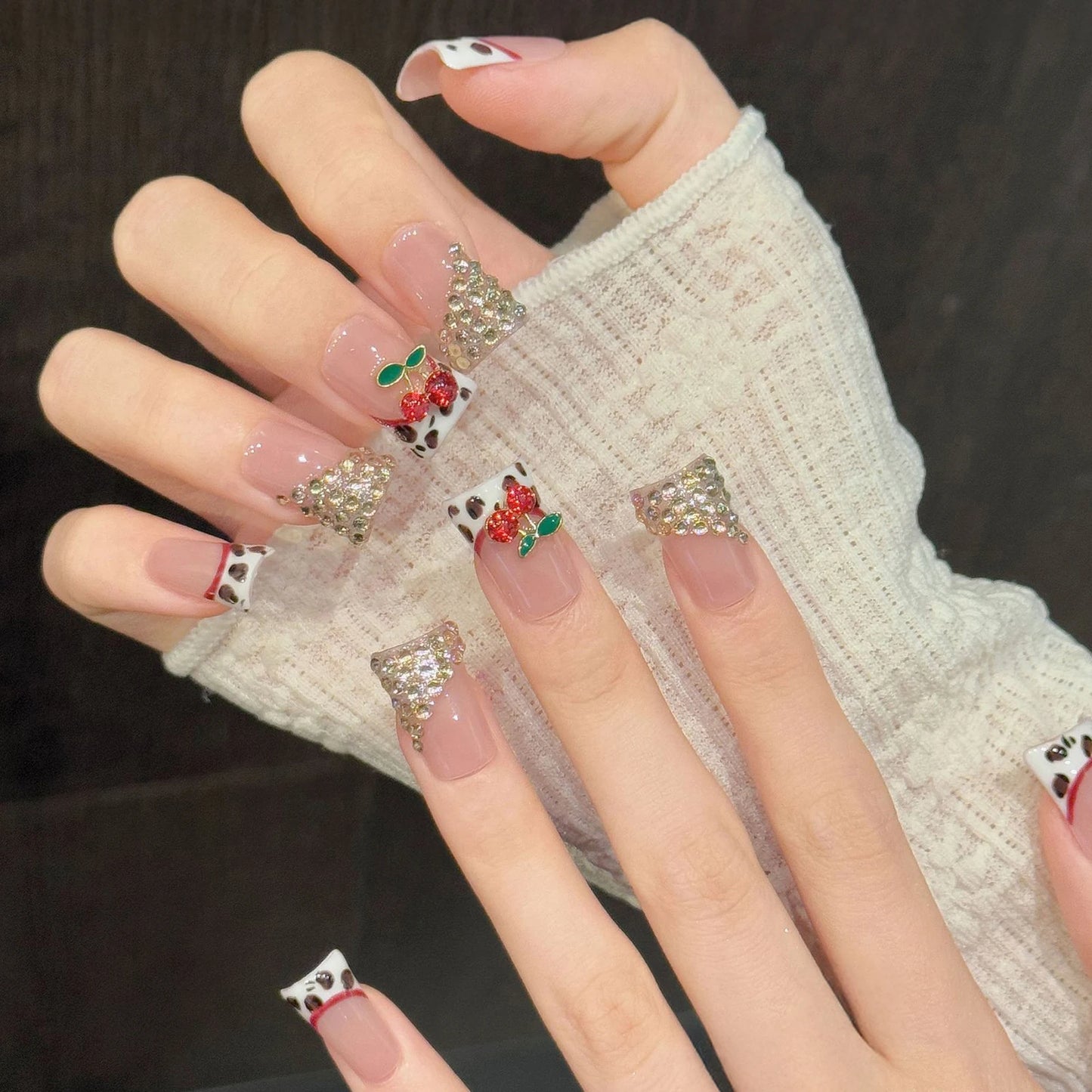 10pcs Short Duckbill Press On Nails – 3D Cherry French Leopard Y2K